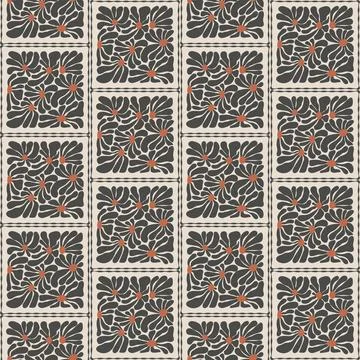 Retro Seamless Floral Tile Pattern with Groovy Daisies in Charcoal and Cream Stock Illustration