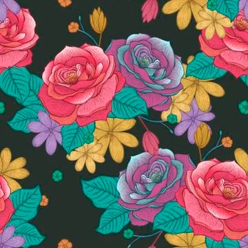 Retro seamless hand drawn rose pattern Stock Illustration