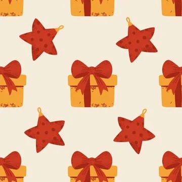 Retro Seamless Holiday Pattern With Red Star Decorations And Christmas Gift Stockillustratie