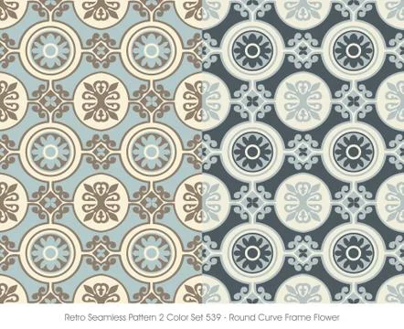 Retro Seamless Pattern 2 Color Set Round Curve Frame Flower Stock Illustration