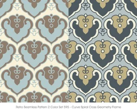 Retro Seamless Pattern 2 Color Set Curve Spiral Cross Geometry Frame Stock Illustration