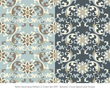 Retro Seamless Pattern 2 Color Set Botanic Curve Spiral Leaf Flower Stock Illustration