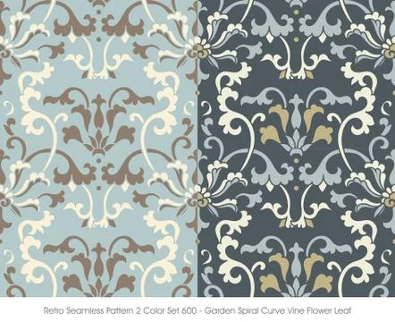 Retro Seamless Pattern 2 Color Set Garden Spiral Curve Vine Flower Leaf Stock Illustration
