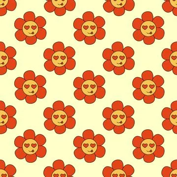 Retro Seamless Pattern 70s 60s 80s Hippie Groovy cute flower shows tongue Stock Illustration