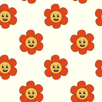 Retro Seamless Pattern 70s 60s 80s Hippie Groovy cute Red Flower. Smiling face Stock Illustration
