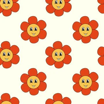 Retro Seamless Pattern 70s 60s 80s Hippie Groovy Red Flower with toothy smile Stock Illustration