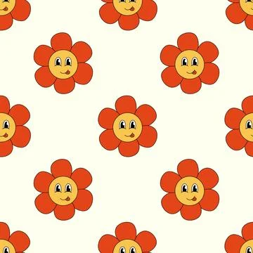 Retro Seamless Pattern 70s 60s 80s Hippie Groovy cute Red Flower show tongue Stock Illustration