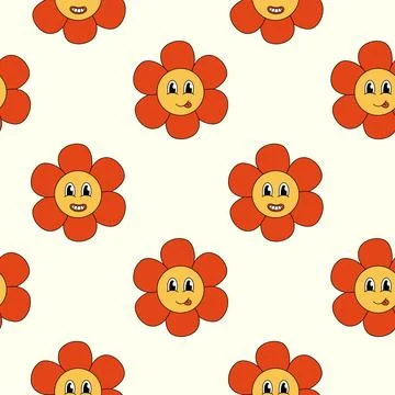 Retro Seamless Pattern 70s 60s 80s Hippie Groovy cute Red Flower Stock Illustration