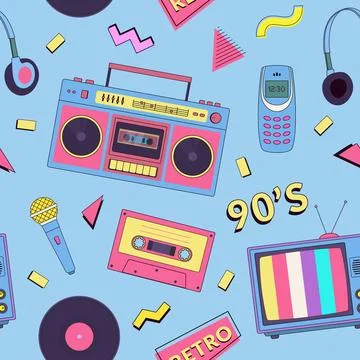 Retro seamless pattern with 90s music elements Stock Illustration