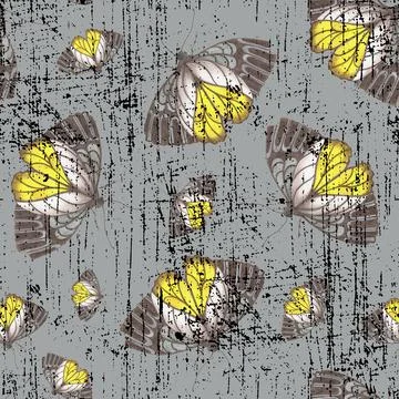 Retro Seamless Pattern with Butterfly. Hand-Drawn Seamless Pattern of Gray an Stock Illustration