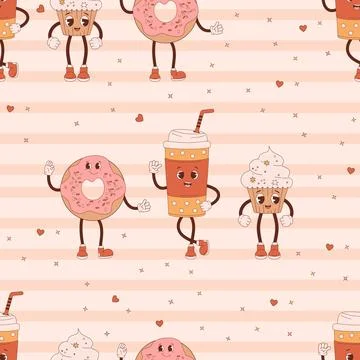 Retro seamless pattern. Cartoon characters cupcake, donut and takeaway coff.. Illustrazione stock