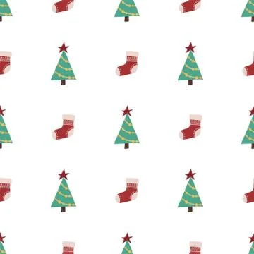 Retro seamless pattern with Christmas tree and red sock for paper and fabric Stock Illustration