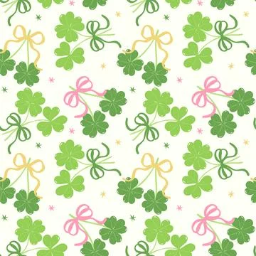 Retro Seamless Pattern Coquette St Patricks Day four Leaf Clover with Bow w.. Ilustración de archivo