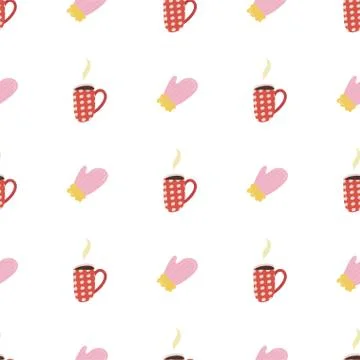 Retro seamless pattern with cup of cacao and pink mitten for paper and fabric Stock Illustration