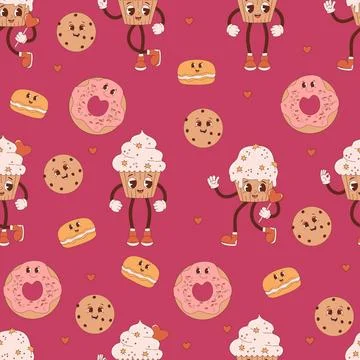 Retro seamless pattern. Cute groovy cartoon characters cupcake, donut, cook.. Stock Illustration