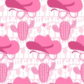 Retro seamless pattern with different Cowgirl hat, cactus, vintage sunglasses Stock Illustration