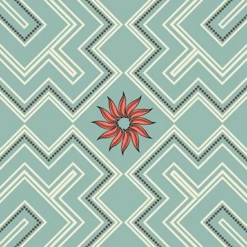 Retro seamless pattern with flower in blue, red, white and brown Stock Illustration