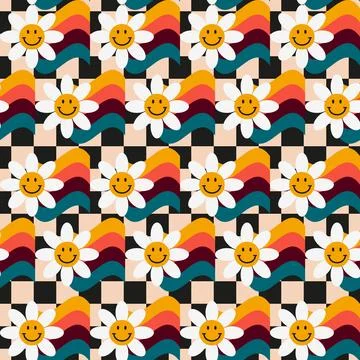 Retro seamless pattern with flowers in 60s style Stock Illustration