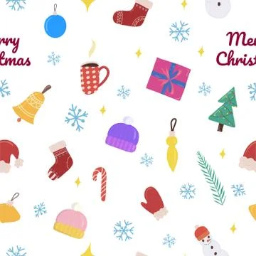 Retro seamless pattern with gift box, cup, hat, sock, candy, snowman, Christmas Illustrazione stock