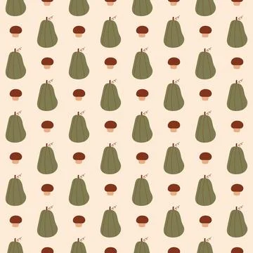 Retro Seamless Pattern with Green Pumpkin and Mushroom Icons in a Vintage Style Stock Illustration