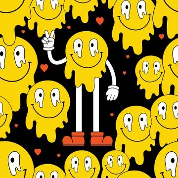Retro seamless pattern, groovy background. Melting smile face, Funny psychede Stock Illustration