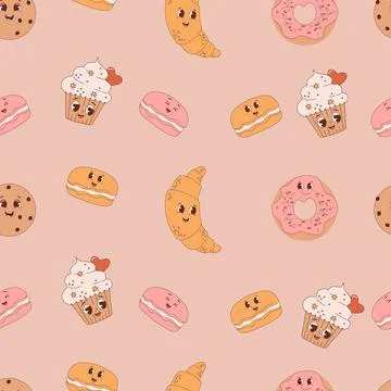 Retro seamless pattern. Groovy cartoon cakes cupcake, donuts, Macaron and c.. 스톡 일러스트