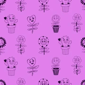 Retro seamless pattern with groovy element. Cartoon characters with faces fun Stock Illustration
