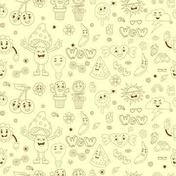 Retro seamless pattern with groovy elements Vector linear hand drawn doodle s 스톡 일러스트