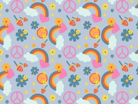 Retro seamless pattern with groovy elements. Cartoon funky. Vintage hippy style. Stock Illustration