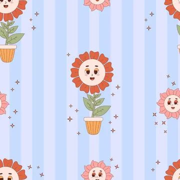 Retro seamless pattern with Groovy flower power on blue striped background... Stock Illustration
