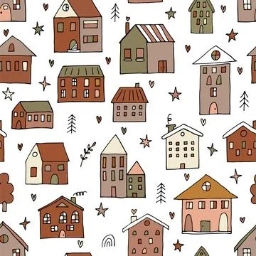 Retro seamless pattern with hand drawn houses. Buildings. Doodle style. Tex.. Stock Illustration