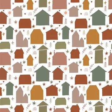Retro seamless pattern with hand drawn houses and buildings. Texture for fa.. Stock Illustration