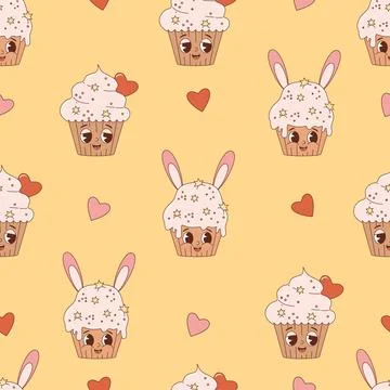 Retro seamless pattern. Happy cartoon characters easter cakes cupcake on ye.. Stock Illustration