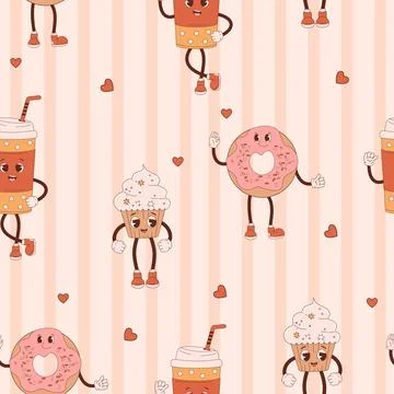 Retro seamless pattern. Happy groovy cartoon characters cakes cupcake, donu.. Stock Illustration