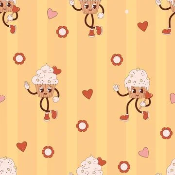 Retro seamless pattern. Happy groovy cartoon characters cakes cupcake on ye.. Illustrazione stock