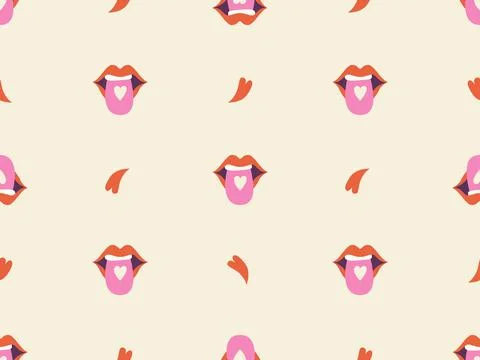 Retro seamless pattern with heart and lips. Groovy elements. Cartoon funky. Illustrazione stock