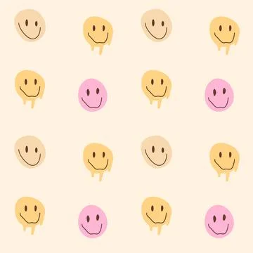 Retro seamless pattern with melting smiling faces and mushrooms. Drug trip psych Stock Illustration