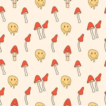Retro seamless pattern with melting smiling faces and mushrooms. Drug trip psych Stock Illustration