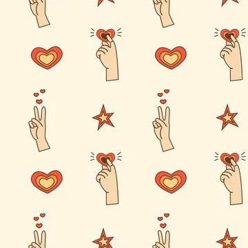 Retro seamless pattern with peace sign hand gesture and heart holding between fi Stock Illustration