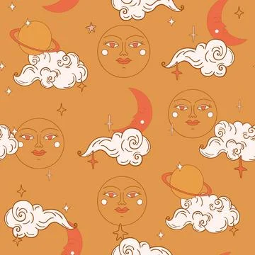 Retro seamless pattern with planets and stars in sky. Colored flat vector 스톡 일러스트