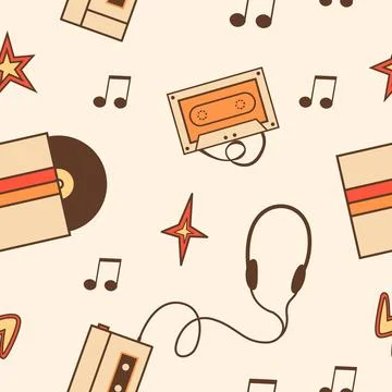 Retro seamless pattern with retro analog vinyl record, roller skate, peace sign, Stock Illustration