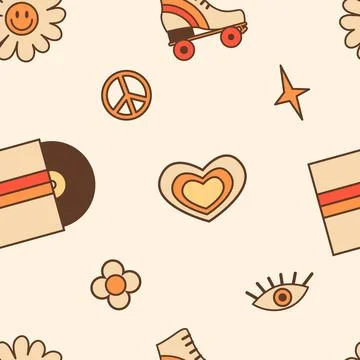 Retro seamless pattern with retro analog vinyl record, roller skate, peace sign, Stock Illustration