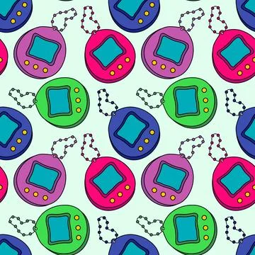 Retro seamless pattern set with colorful tamagotchi Stock Illustration