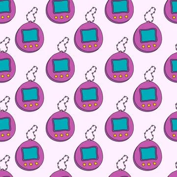 Retro seamless pattern set with purple tamagotchi. Cute vintage background. Stock Illustration