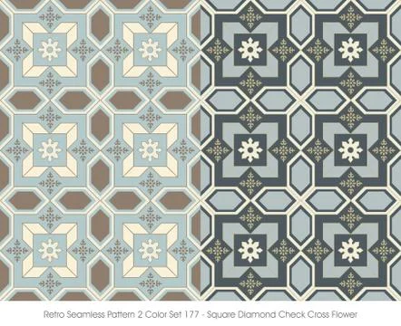 Retro Seamless Pattern Square Diamond Check Cross Flower Stock Illustration