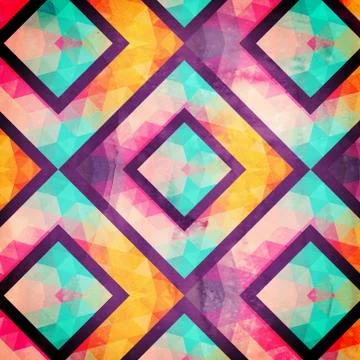 Retro seamless pattern with squares, hand drawn backdrop, mosaic squares orna Stock Illustration