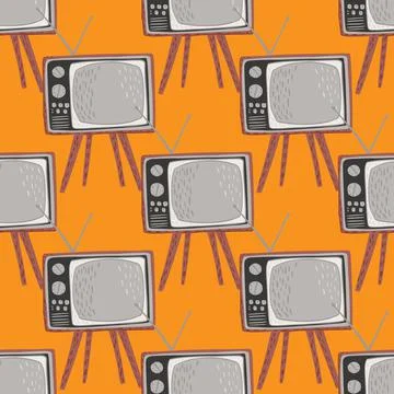 Retro seamless pattern with tv simple ornament. Grey technic on bright orange Stock Illustration