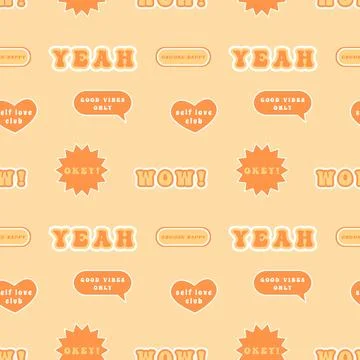 Retro seamless pattern with various cool trendy patches or stickers. 70s hippie Illustrazione stock