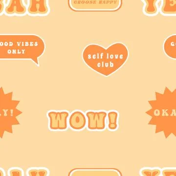 Retro seamless pattern with various cool trendy patches or stickers. 70s hippie Stock Illustration