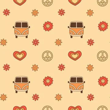 Retro seamless pattern with vintage camper van, smiling flowers and peace sign Stock Illustration
